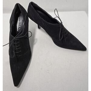 Lumiani Lace Up Oxford Style Heels Black Suede Made in Italy Sz 40/US 9-9.5